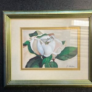 Vintage print Magnolia by artist Bellon gold frame